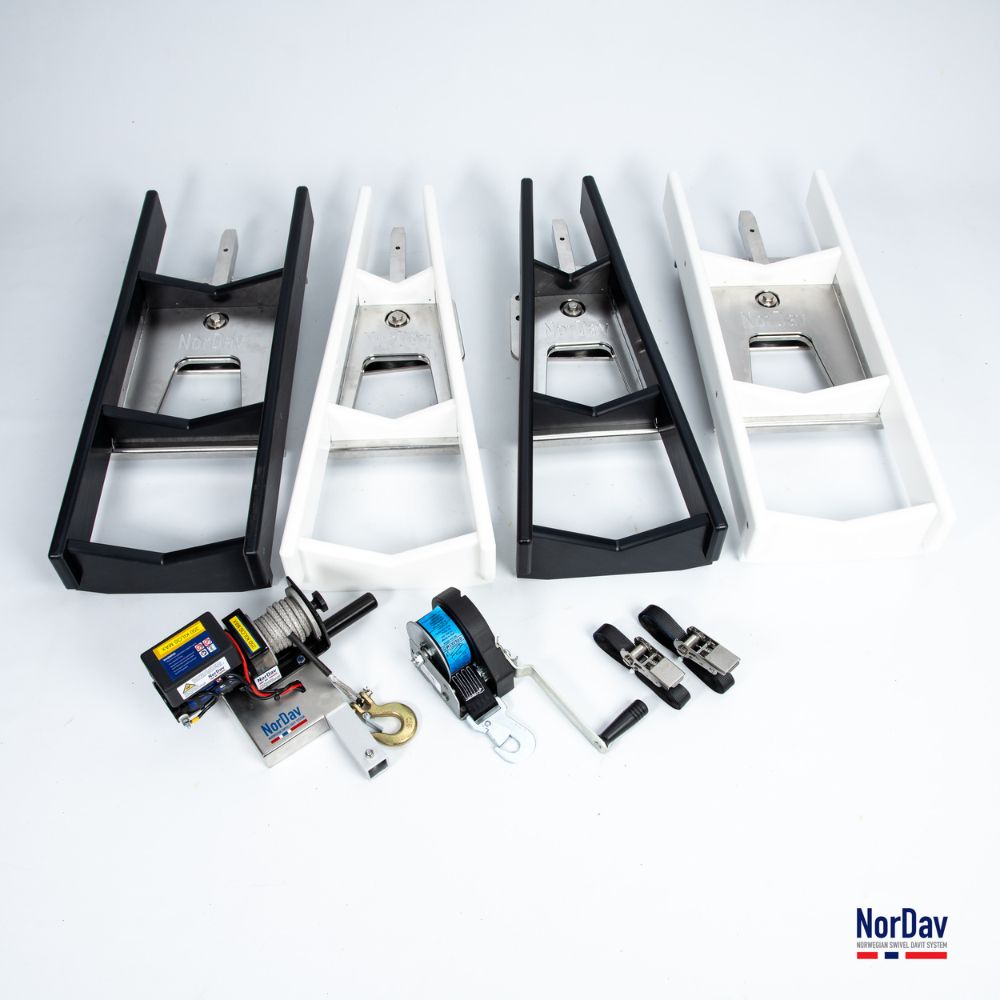 Comprehensive display of NorDav V and H Duplex Swivel Davit Systems in Black and White finishes with manual and electric winches, distributed by Pharrell Marine