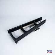 Black NorDav V Duplex 350kg marine swivel davit system with V-shaped crib mounted on a yacht swim platform.